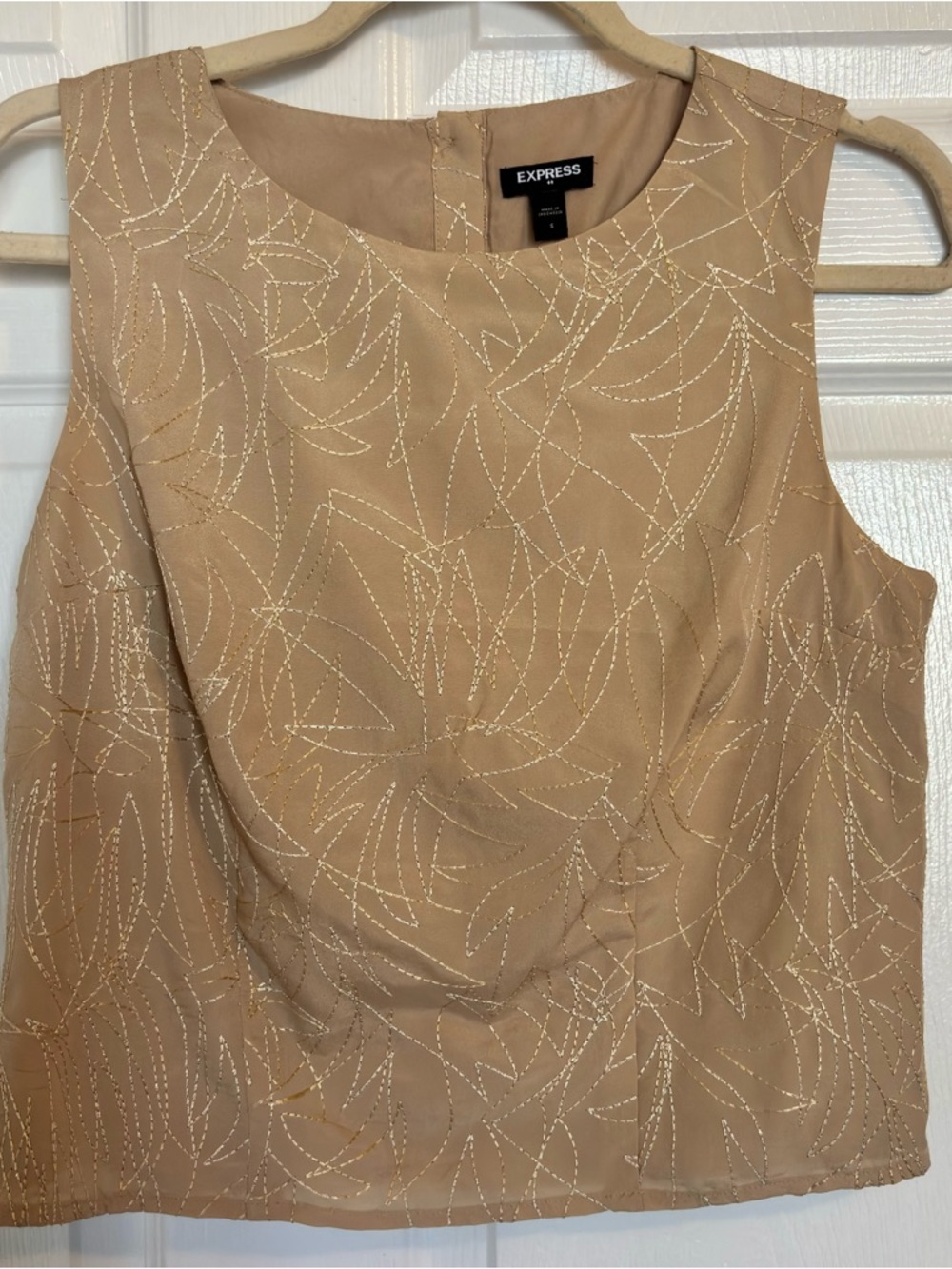 Express Beige Sleeveless Blouse Gold Stitch Detail Button Back Top Small